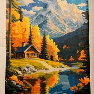 Completed Paint by Number Scenic Autumn Cabin in the Mountains